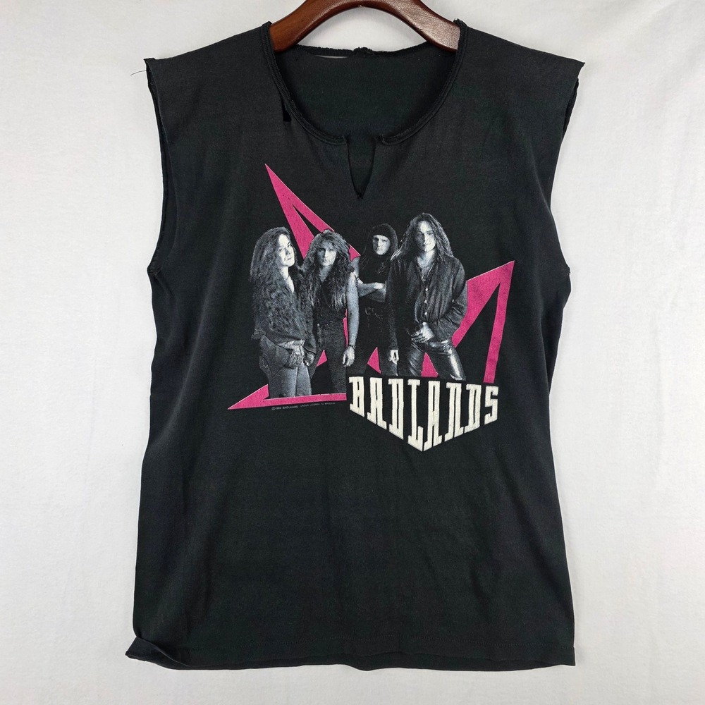 Vintage 1989 Badlands Band T-Shirt Brockum Cut Sleeve Rock Tee Black Mens L